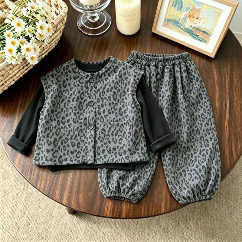 2026 New Hot Selling Design Style Leopard Print Vest Same Color Pants and Solid Color Base Shirt Three Piece Set