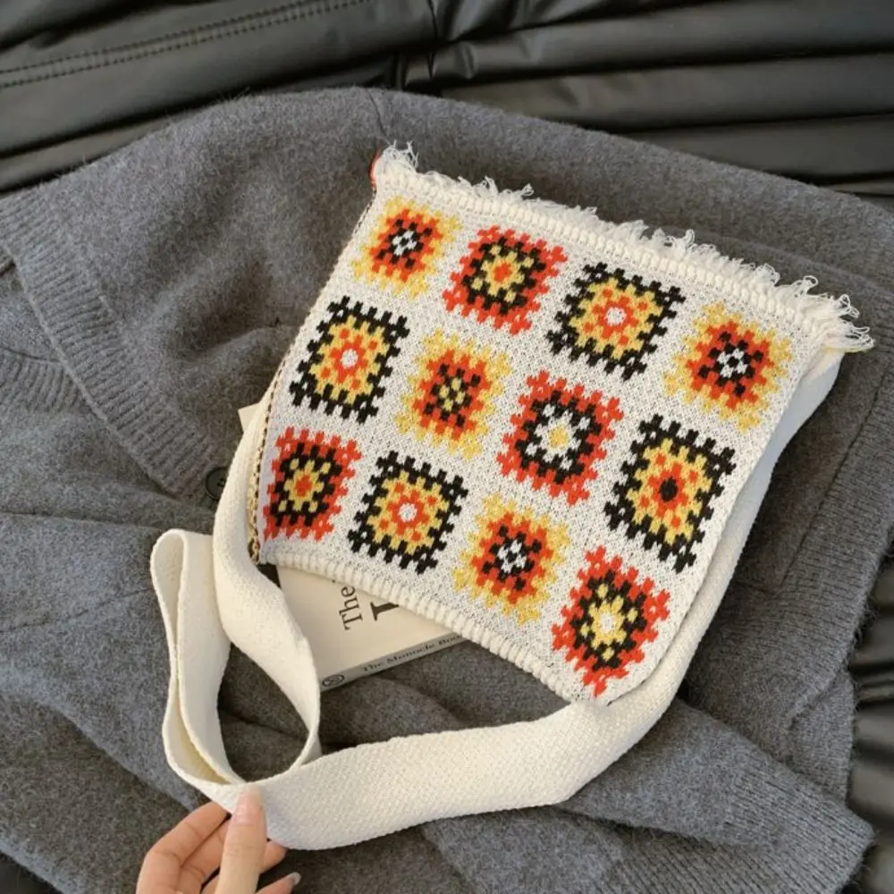 

Tassel Knitting Shoulder Bag Boho Floral Bohemian Crochet Crossbody Bag Large Capacity Hollow Out Casual Woven Handbag Vacation