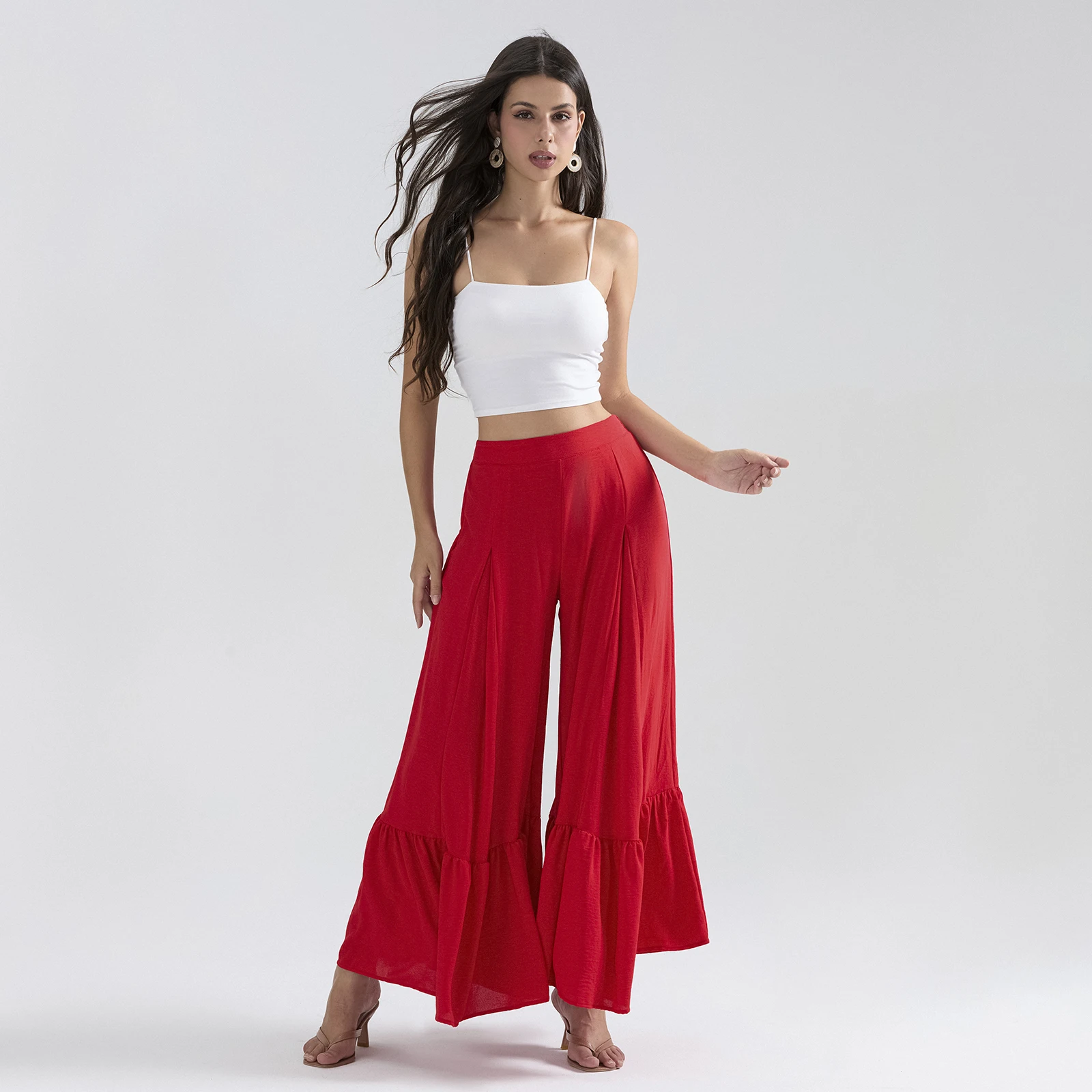 wsevypo Women's Summer Culottes Solid Color Mid Rise Elastic Band Ruffled Wide Leg Pants Casual Palazzo Long Trousers