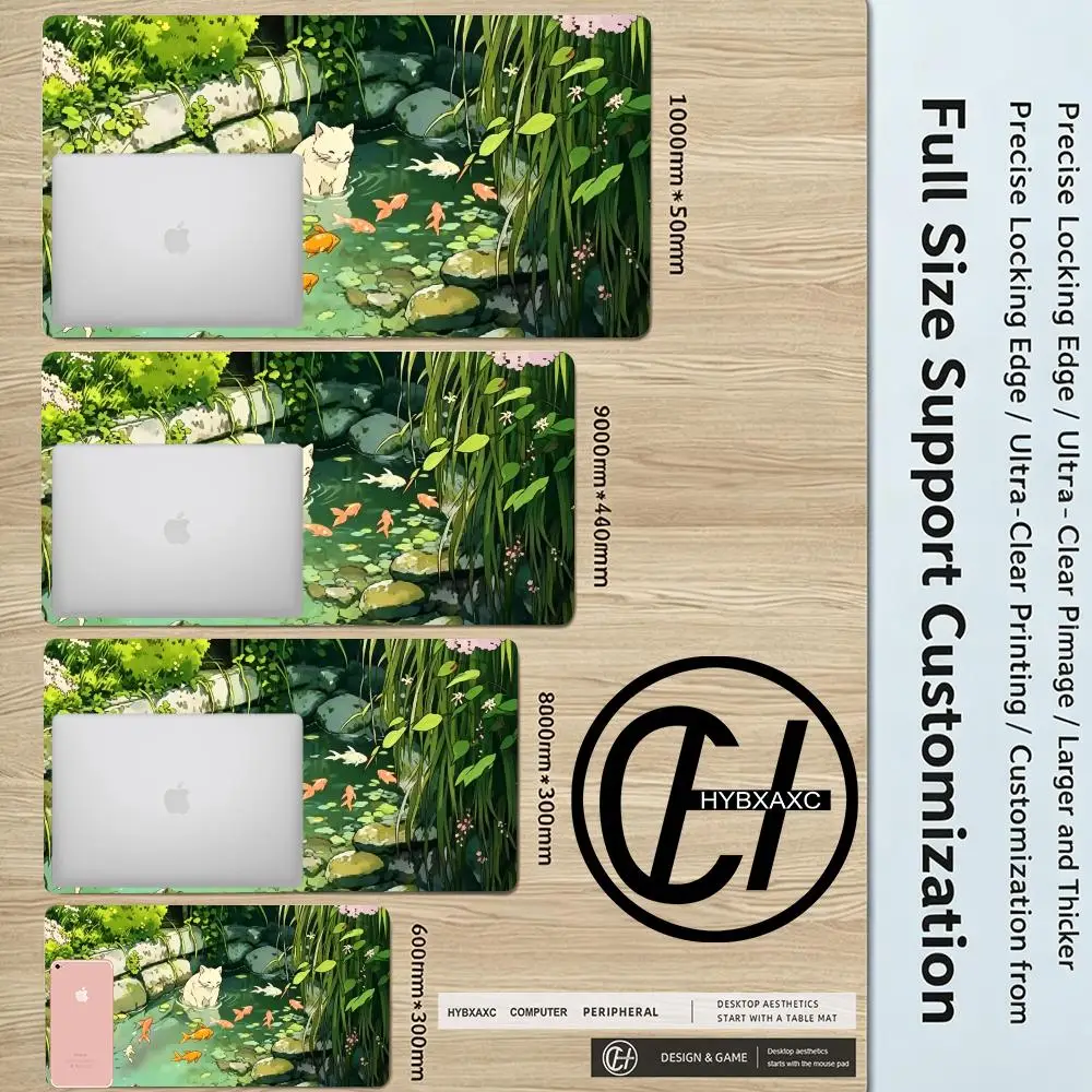Alfombrilla de ratón grande de color verde con un lindo diseño de gato y pez de dibujos animados, base de goma natural antideslizante, regalo ideal para novias y mujeres.