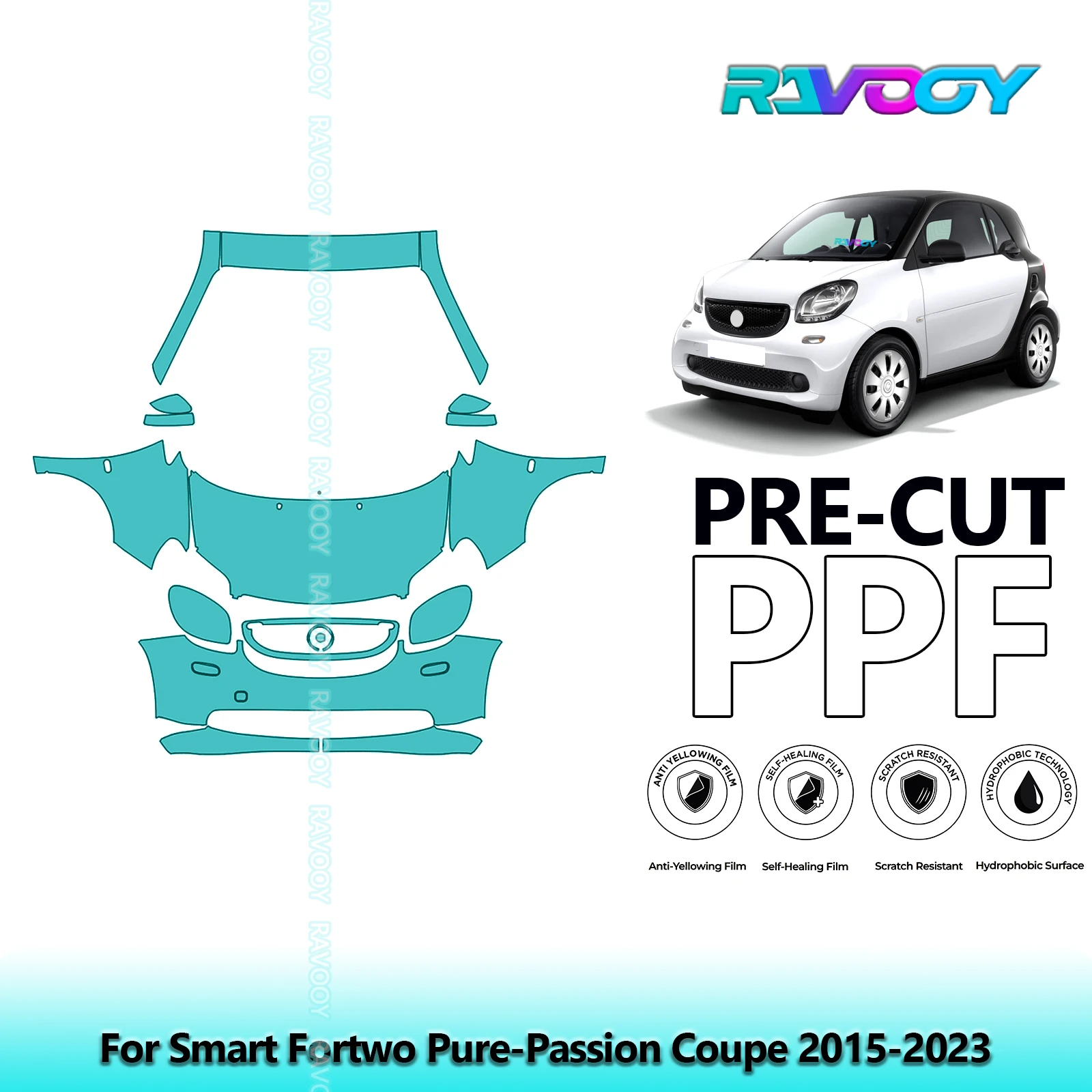 RAVOOY Custom-Fit Precut TPU PPF Front Kit Clear Bra Stone Guard EU UK For Smart Fortwo Pure-Passion Coupe 2015-2023