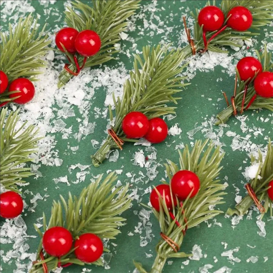 Mini Künstliche Kiefernnadeln & Rote Beeren-Sträuße, Stechpalmenzweige Weihnachtsschmuck, Heim-Innendekoration für Esstisch & Party – Detail 5