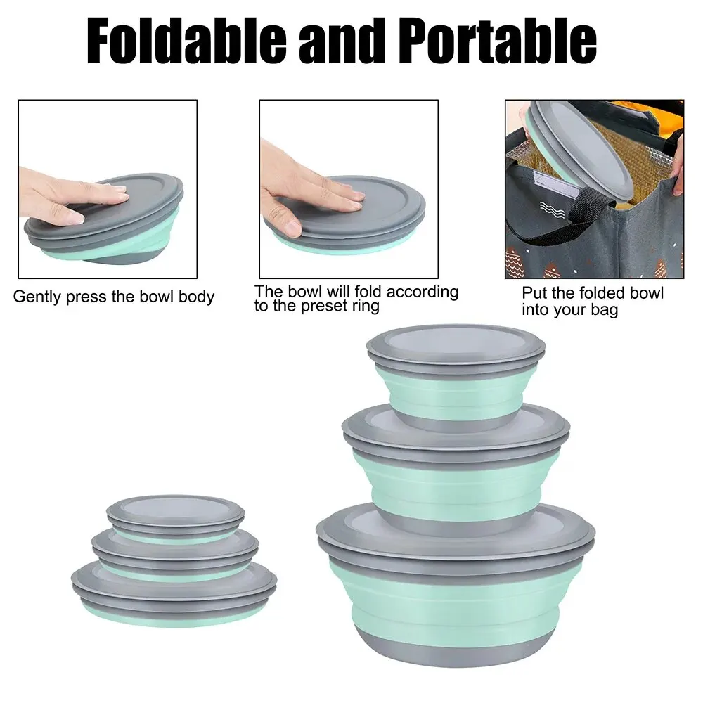 3 Pieces Silicone Folding Bowls with Lid Foldable Lunch Box Portable Salad Bowl Sets