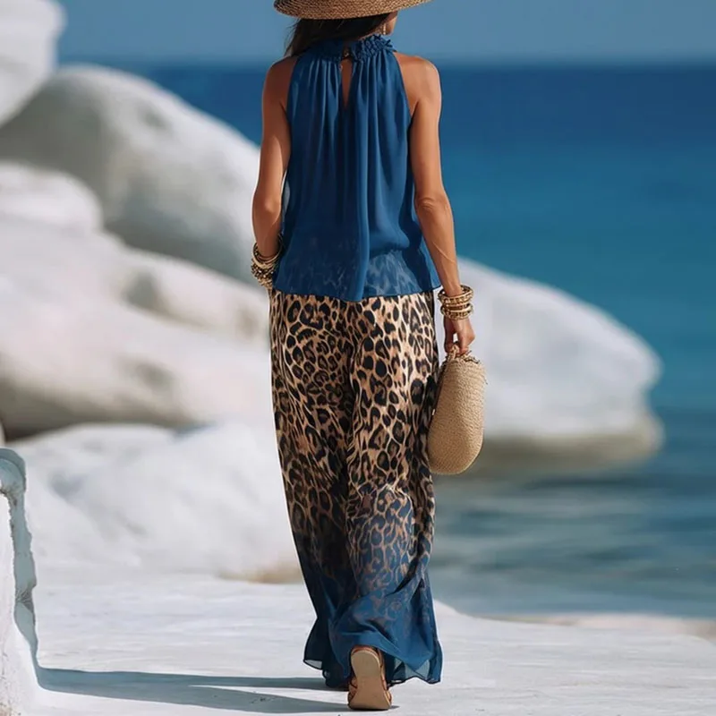 Boho 2 Piece Set Women Halter Neck Top + Gradient Leopard Print Flowy Wide Leg Trousers Suit Casual Summer Beach Holiday Outfits