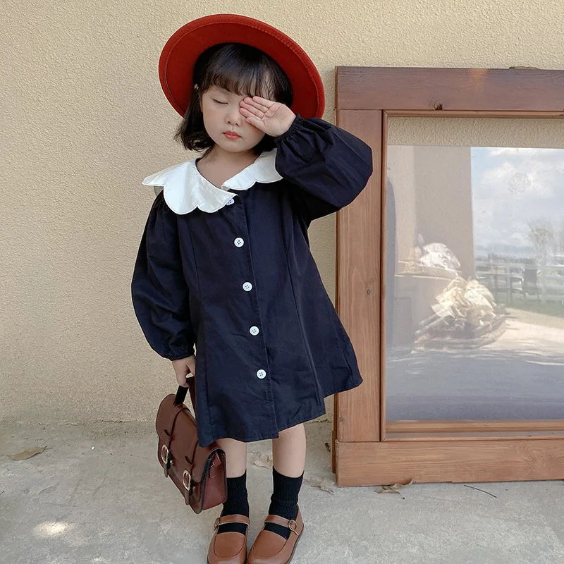 Korean Children Clothing French Hepburn Style Girls Dress Cotton Flower Collar Small Black Dress Children Fashion Princess Dress