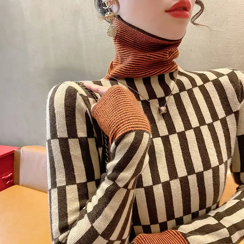 Women's High Collar Patchwork Striped Sweater Autumn and Winter Underlay 2023 New Fashion Long Sleeve Color Pullover Knit Tops