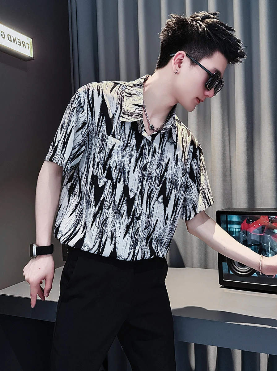 

Повседневная мужская летняя рубашка из ледяного шелка с коротким рукавом, в стиле колор-блок, дышащая, тонкая, модная, приталенного кроя, для молодежи