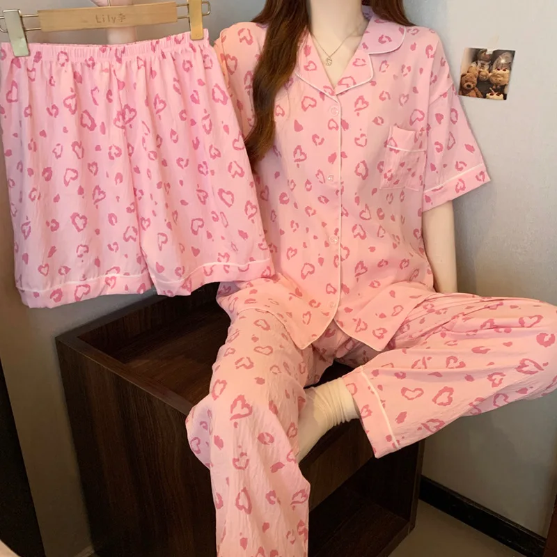 

Cloud Cotton Pajamas for Women - New Summer Short-Sleeve 3-Piece Set Sweet Leopard Print Heart Homewear Women's Summer Clothing
