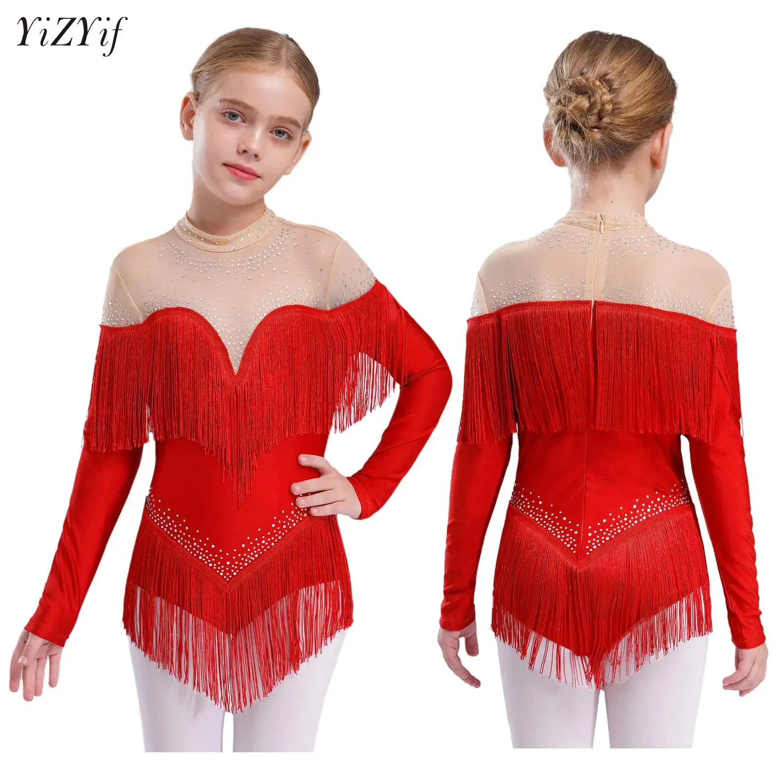 

Kids Girls Professional Latin Dance Tassel Leotard Dress Shiny Rhinestones Cha-cha Samba Skirted Bodysuit Competition Clothes