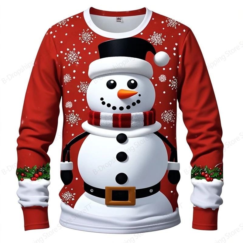 Men\'s Long Sleeve T-shirt 3d Christmas Snowman Print Tshirt Men Women Fashion Snowflake T shirt O-neck Loose Tops Tees Gifts