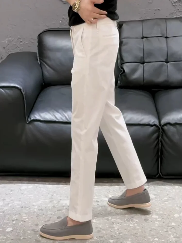 Fashionable Luxury Business Casual Pants Men's Spring Summer Trendy Slim Fit Iron Free Straight Leg West Pants High Waist Zipper