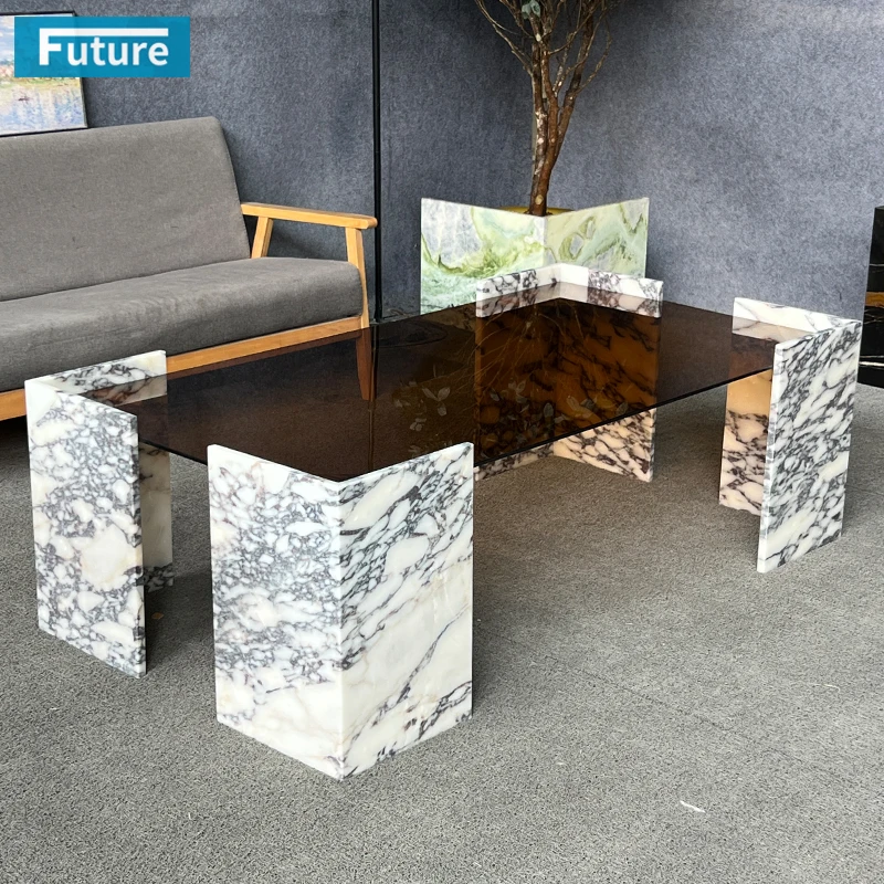 Mesa de Centro Moderna de Estilo Real de Lujo con Tapa de Acrílico y Patas de Mármol Calacatta Viola para Sala de Estar, Villa u Hotel
