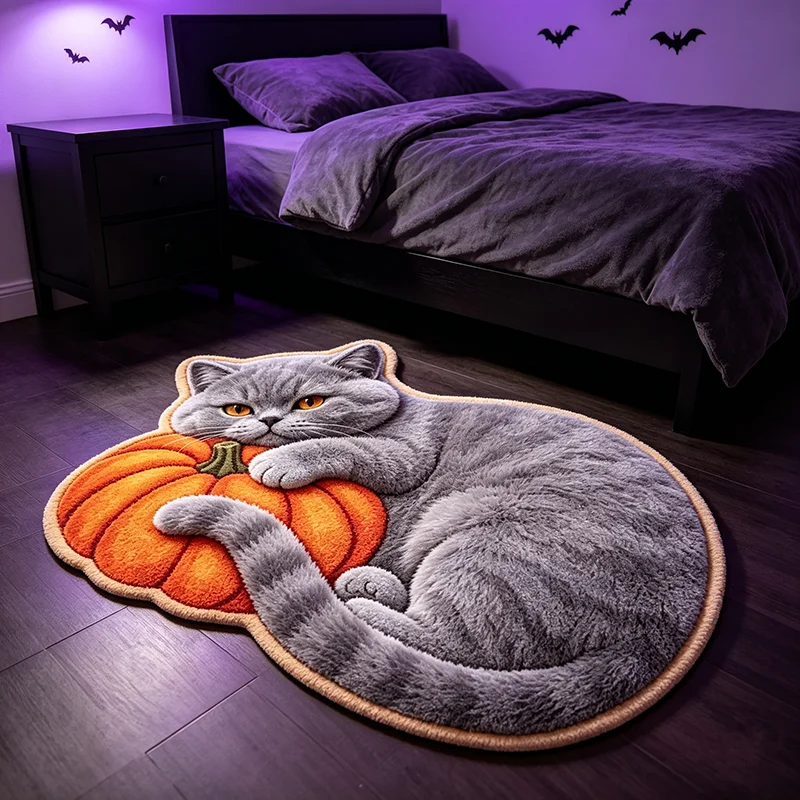 VIKAMA Halloween Black White Cat Pumpkin Shaped Rug Plush Non Slip Doormat Bedroom Entrance Indoor Autumn Holiday Decor Carpet