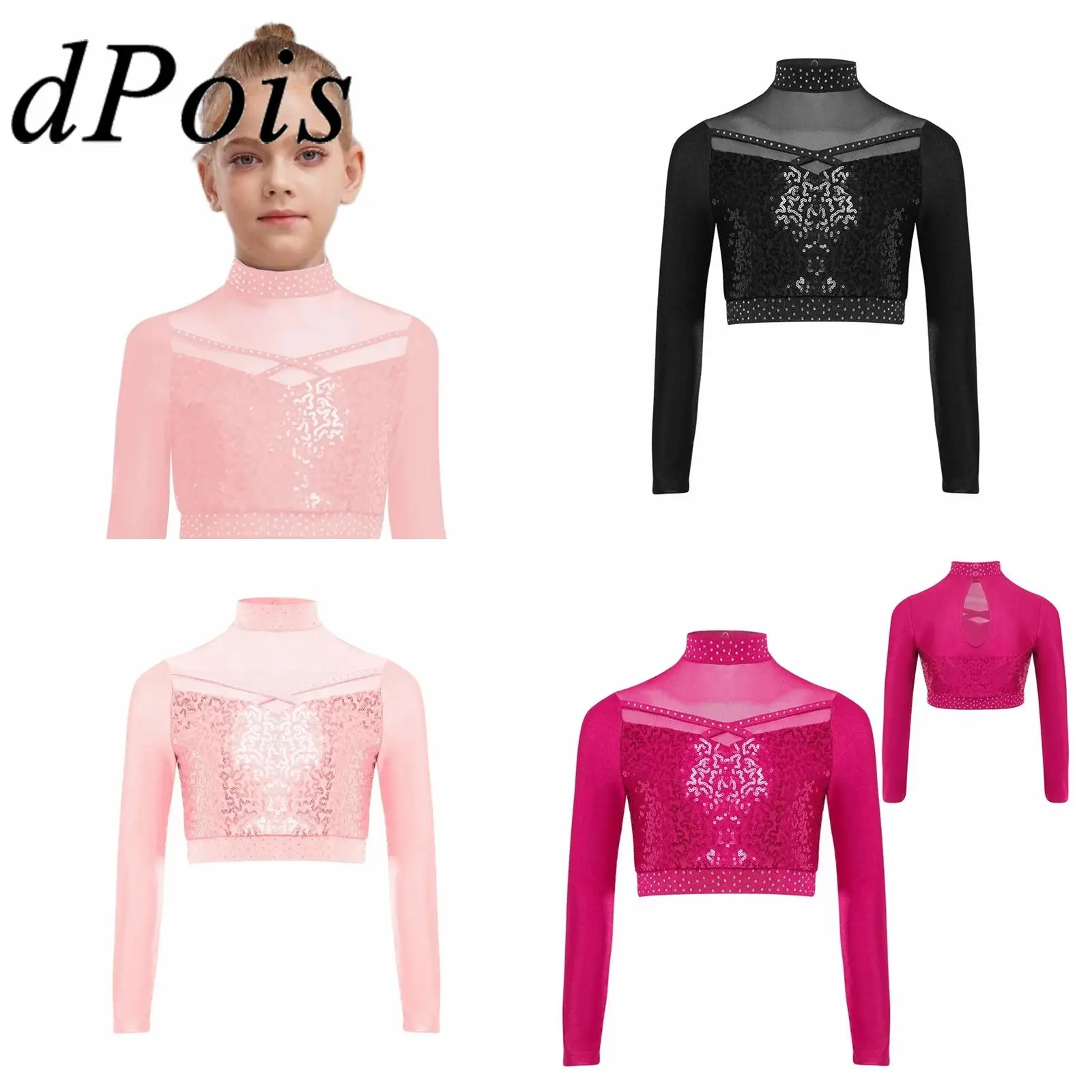 

Детские прозрачные сетчатые топы с длинными рукавами для девочек, футболки, костюм для джазовых танцев, уличная одежда для подростков, укороченный топ с блестками, танцевальная одежда для выступлений