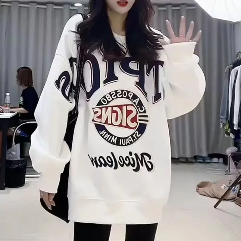 Amerikaanse retro letter bedrukte hoodies dameskleding ronde hals casual herfst winter fleece losse basic sweatshirts met lange mouwen