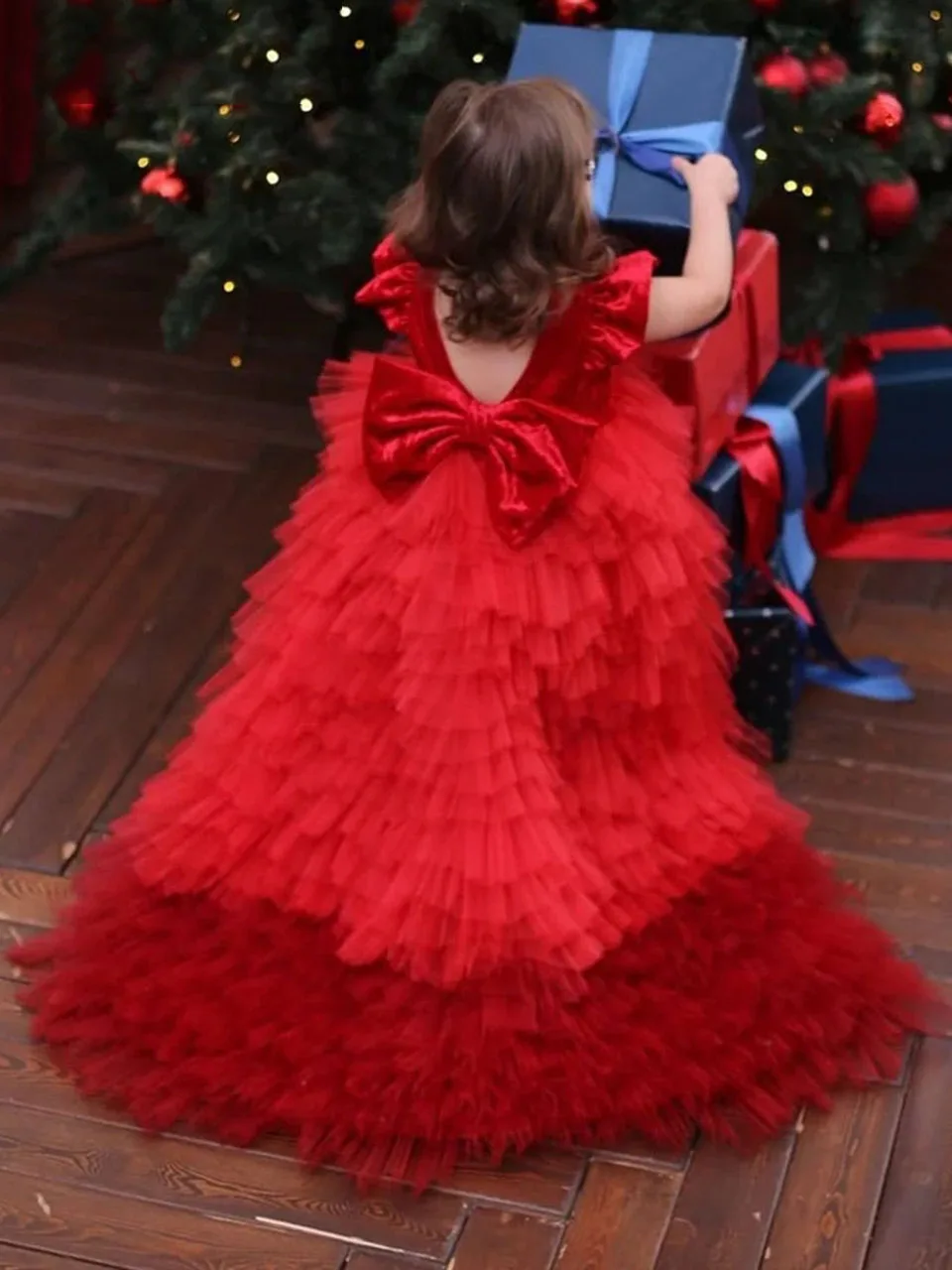 2022 Red Flower Girl Dress For wedding Tulle Appliques Bow Girls Party Gown abito da prima comunione bambini Princess Pageant Dress