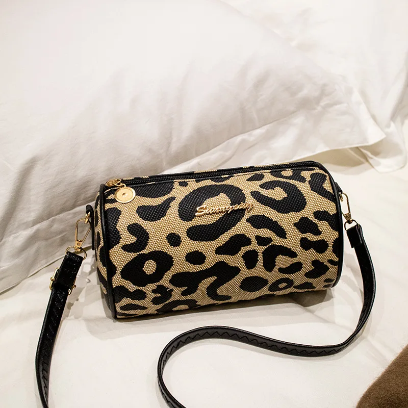 New European and American Retro Leopard Print Cylinder Bag Single Shoulder Crossbody Bag handbag womens bag