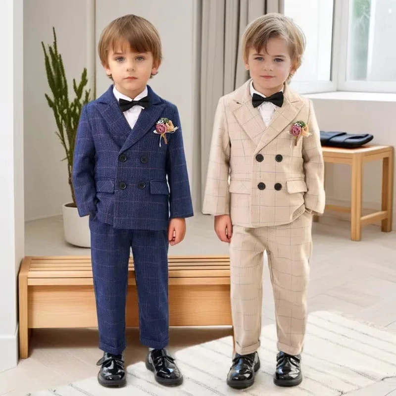 Boys Suit for Weddings Autumn Gentleman Plaid Birthday Blazer Set 2 To 12 Y Kids School Uniform Host Chorus Performance Costumes