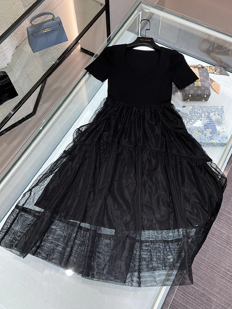 

Элегантное трикотажное платье в стиле Хепберн с имитацией двух частей, А-образный силуэт, юбка с высокой талией, короткий рукав, круглый вырез, летнее, для повседневной носки