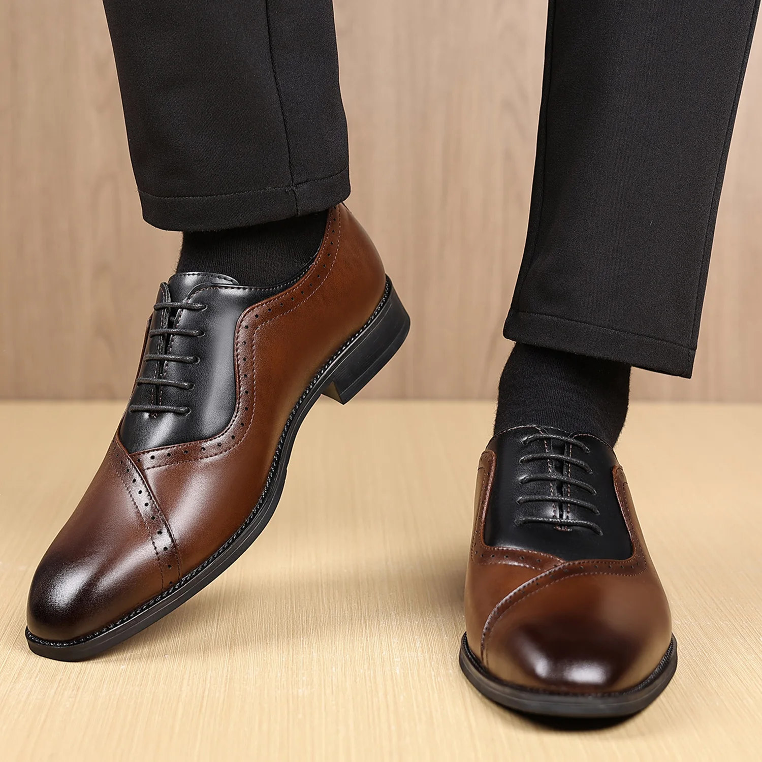 

Men's leather shoes, business dress, tinted square-toed lace-up leather shoes, plus-size men's wedding leather shoes