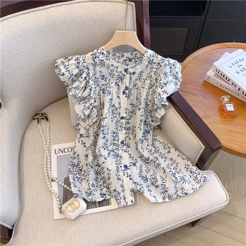 

Женская летняя блузка с французским цветочным принтом, рюшами и рукавами-крылышками, элегантная модель