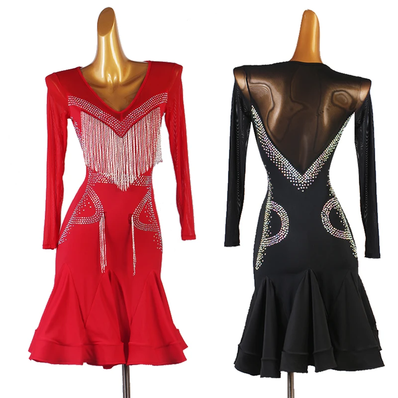 

Shiny Diamond Fringe Latin Competition Dress For Women Long Sleeve Mesh Practice Clothes Rumba Dancewear Customizable DQL4760