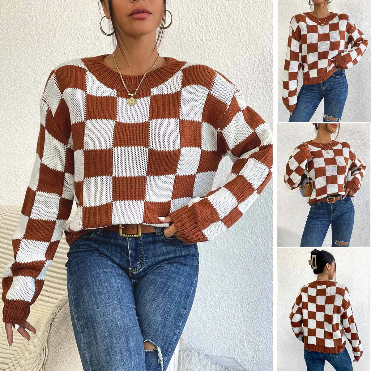 Crosshatch Check Oversized Sweater Pullover Long Sleeve Knit Top Winter Chunky Sweaters Jumper Pullovers Blouse Tee