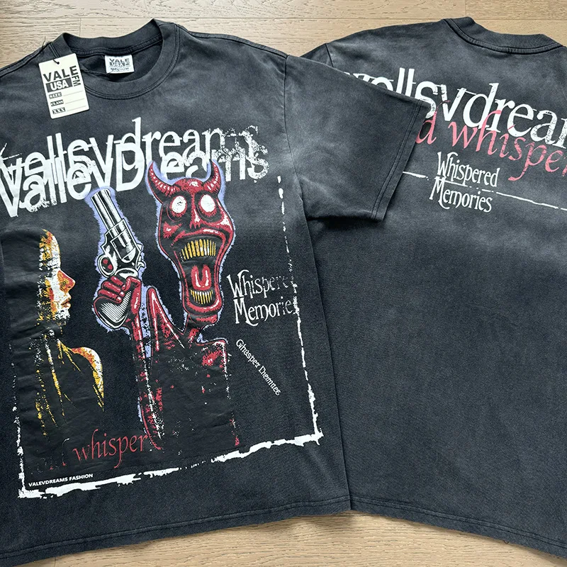 VALE FOREVER Vintage Washed VALLEY DREAMS Unisex Loose Casual Top With Rhinestone Cross Boxing Retro Design