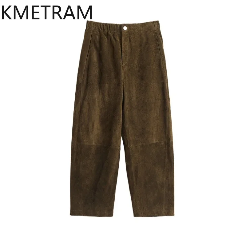 KMETRAM Genuine Leather Pants Baggy Goatskin Suede High Waist Trousers Sickle Wide Leg Pants for Woman Clothing Pantalon Femme