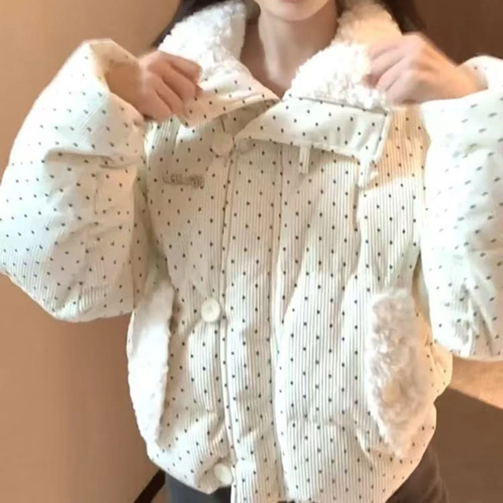 Korean design polka dot clothes fur collar sweet winter new thickened loose  jacket bread short cotton-padded clothes