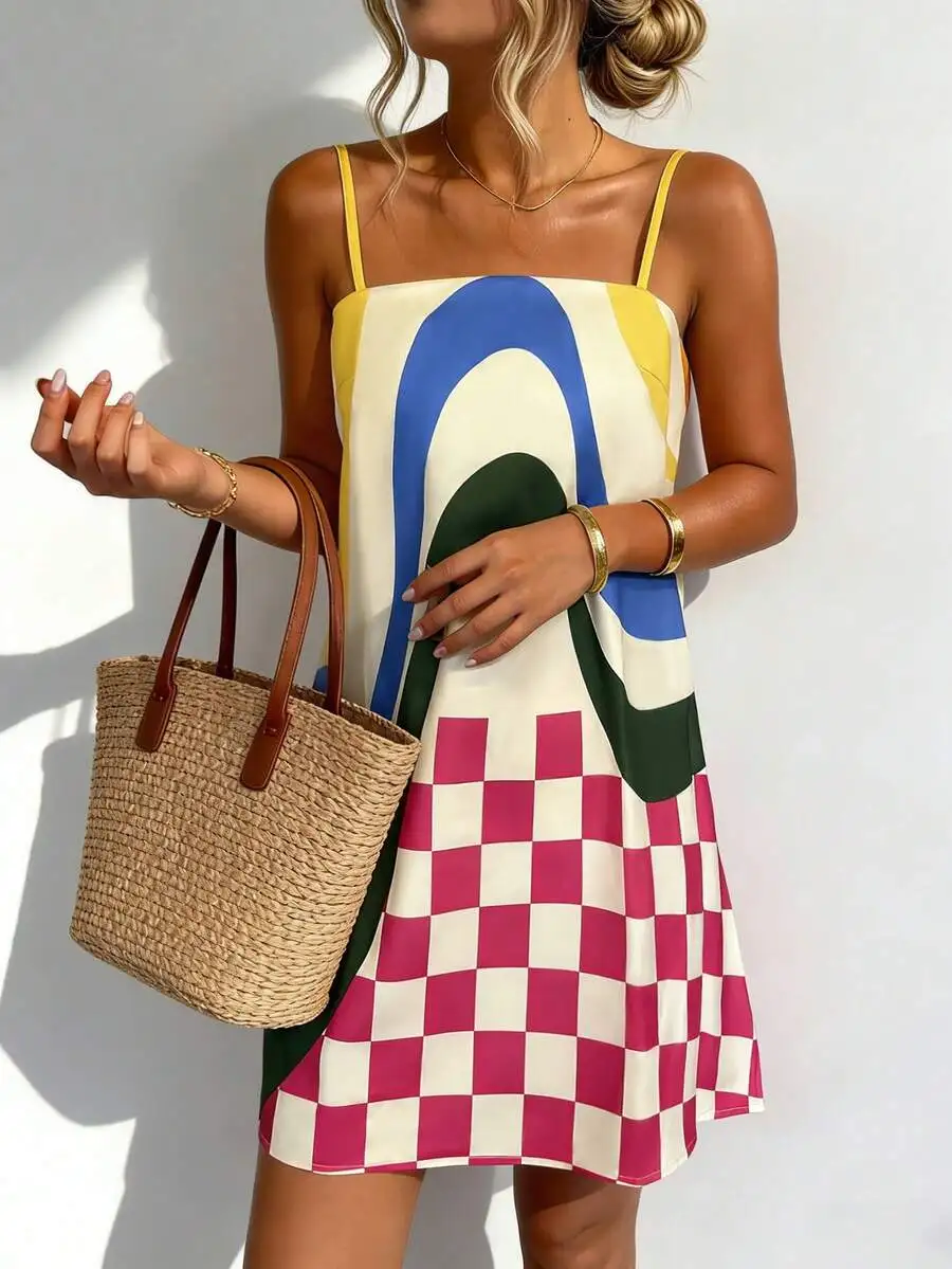 

Womens Summer Beach Vacation Checkered Abstract Print Loose Spaghetti Strap Dress