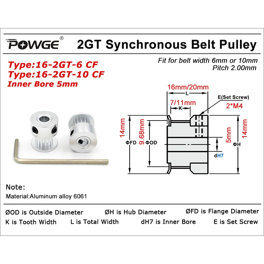 POWGE GT 16 teeth 2GT 2MGT Timing Pulley Bore 5mm for GT2 Open Synchronous belt width 6mm/10mm small backlash GT2 16Teeth 16T