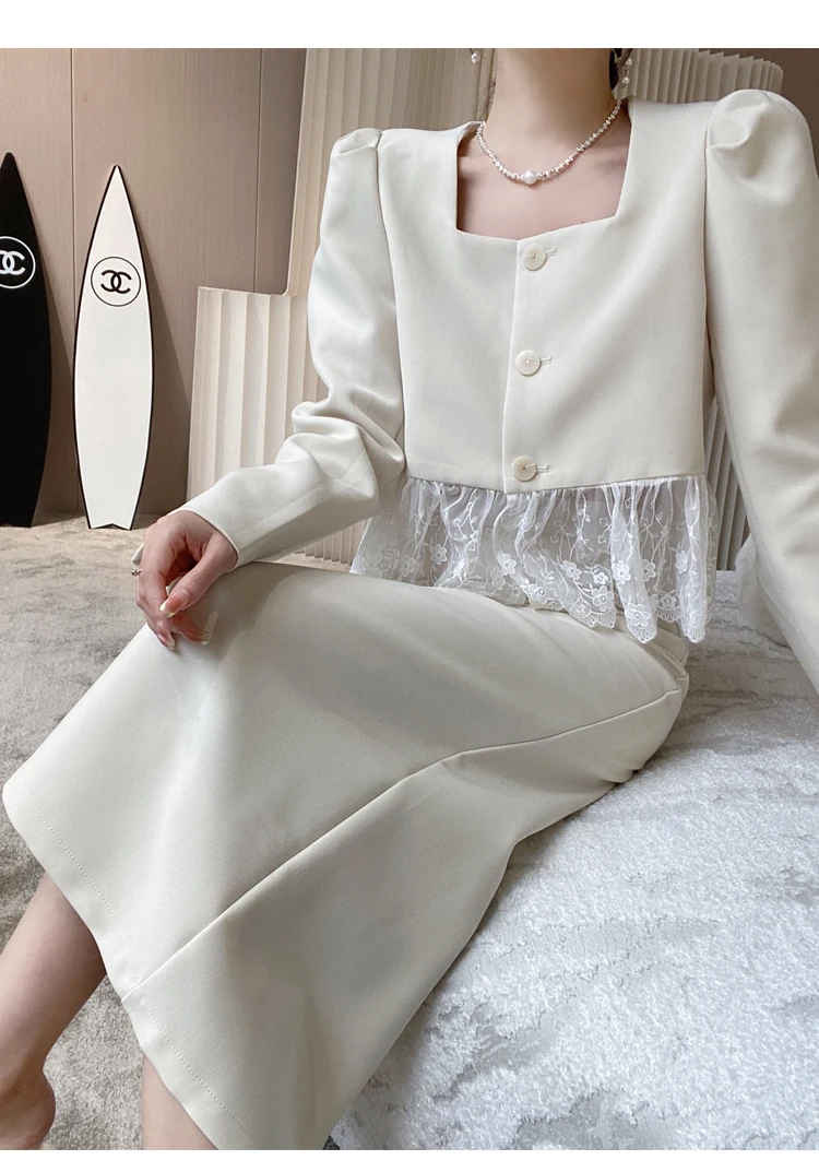 Spring Fall Elegant Temperament Two Pieces Sets Women Square Collar  Lace Patchwork Top+Hight Waist Midi Skirts Suit