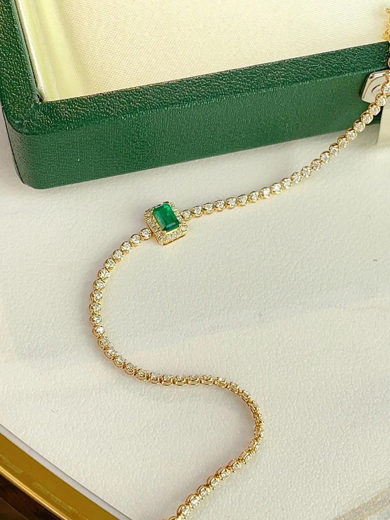 LUOWEND 100% 18K Yellow Gold Bracelet Elegant Style Luxury Diamond Natural Emerald Bracelet for Women High Party Jewelry
