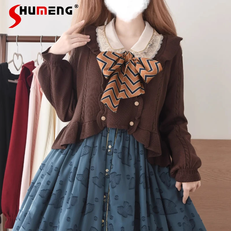 

Оригинальный японский милый вязаный кардиган в стиле Лолиты для девочек, весна-осень 2022, женская облегающая вязаная куртка с рюшами и пышными рукавами, топ