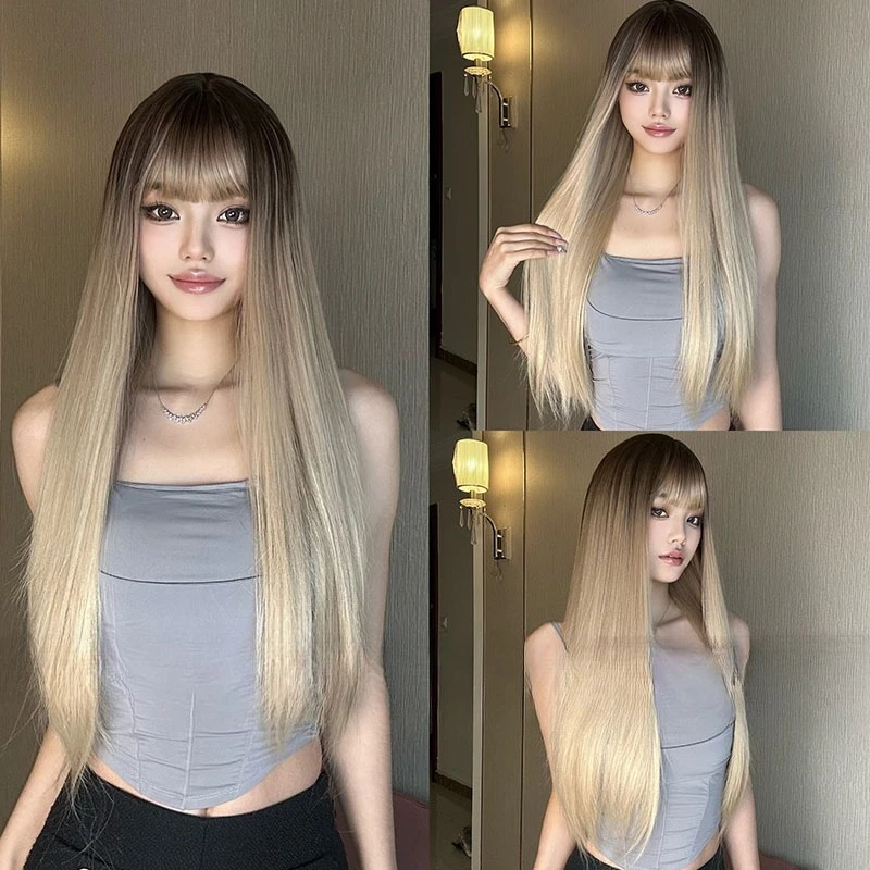 Nuova parrucca Qi con capelli lunghi e lisci, parrucca graduale del cambiamento di colore delle donne alla moda, parrucche europee e americane