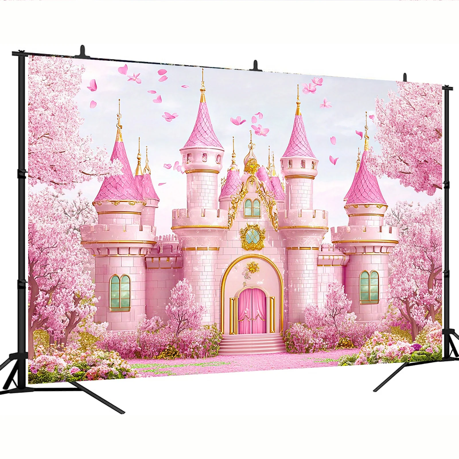 Magischer rosa Prinzessinnenschloss-Fotografie-Hintergrund – mythologische Kirschblüten-Thema, Party-Dekoration aus Polyester