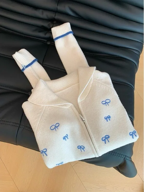 

Вязаный открытый кардиган в стиле ретро с милым узлом, женский весенне-осенний маленький дизайн, воротник, внутренняя одежда, свитер, пальто