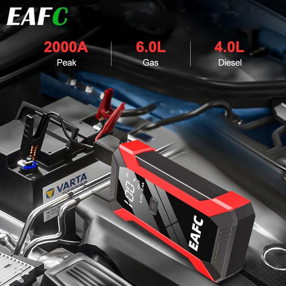 EAFC 2000A Peak Jump Starter 10000mAh, 12V Auto-Batterie-Starthilfegerät mit Nullspannungsstart, multifunktionale tragbare Powerbank mit Notfall-LED-Taschenlampe