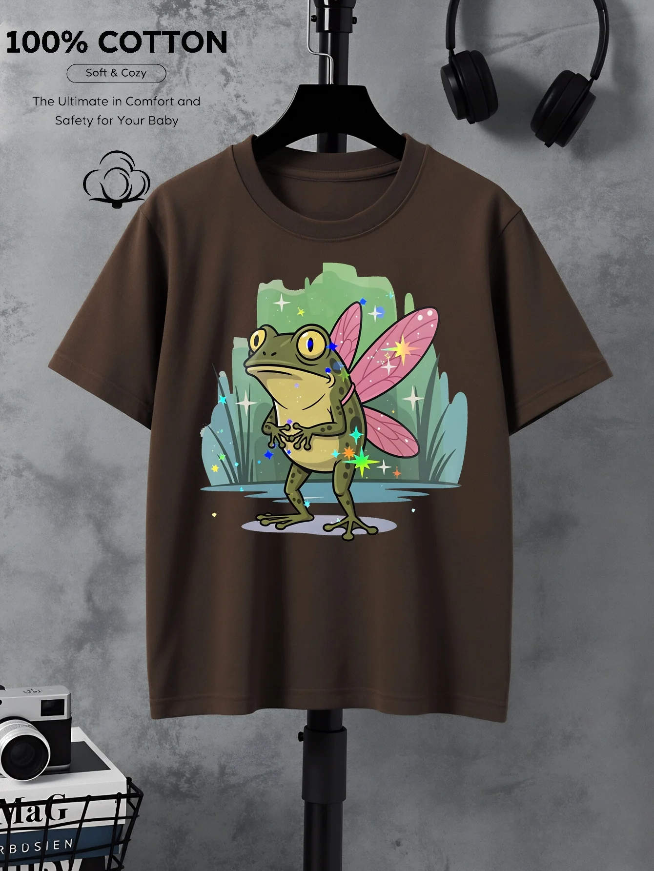 Summer Children's Fashionable Casual Short Sleeved T-shirt with Fairy Wings and Star Frog Pattern Round Neck Parent-child Top