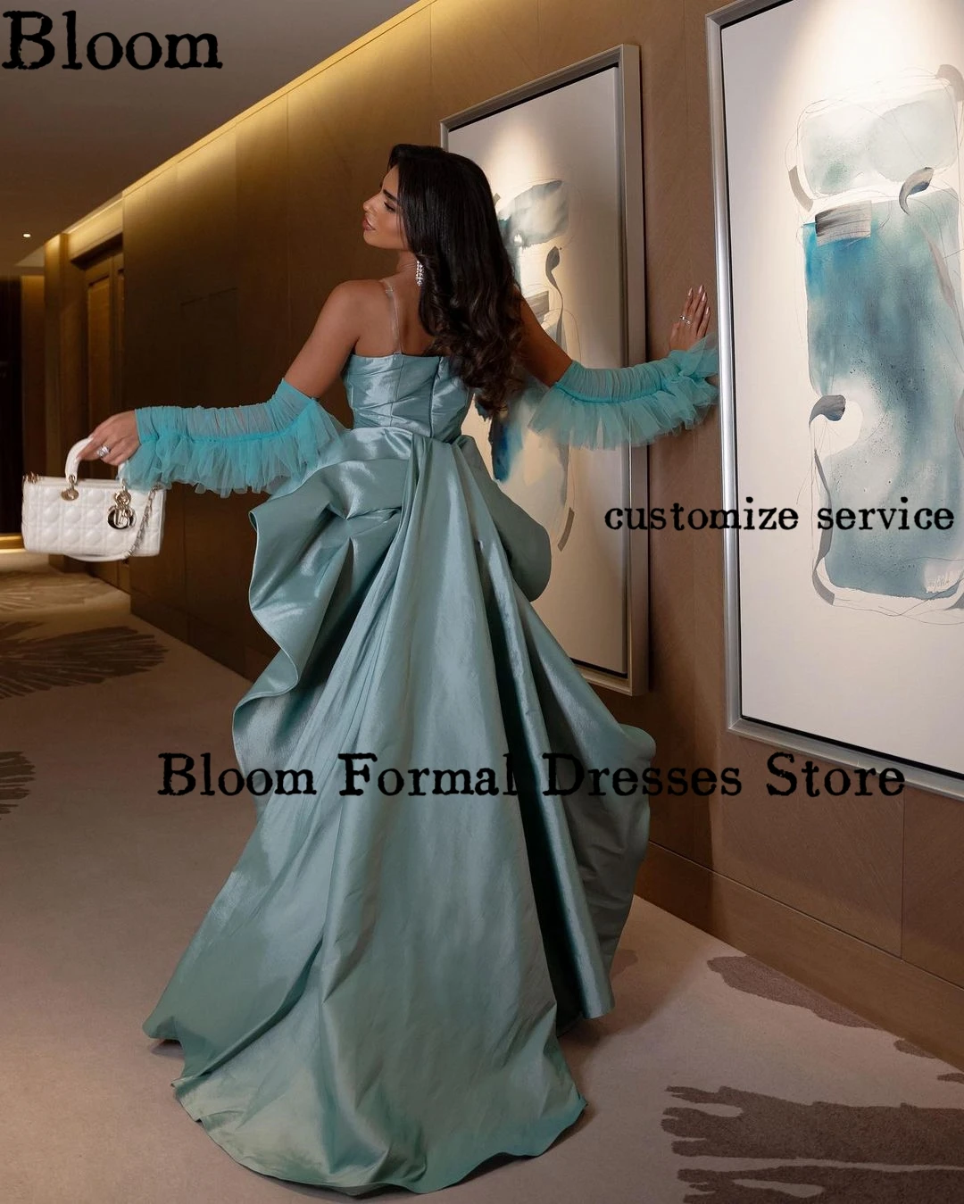 Bloom Scallop Collar Formal Evening Dresses With Long Tulle Sleeves Ruffles Long Tail Taffeta Prom Dresses Wedding Party Dress