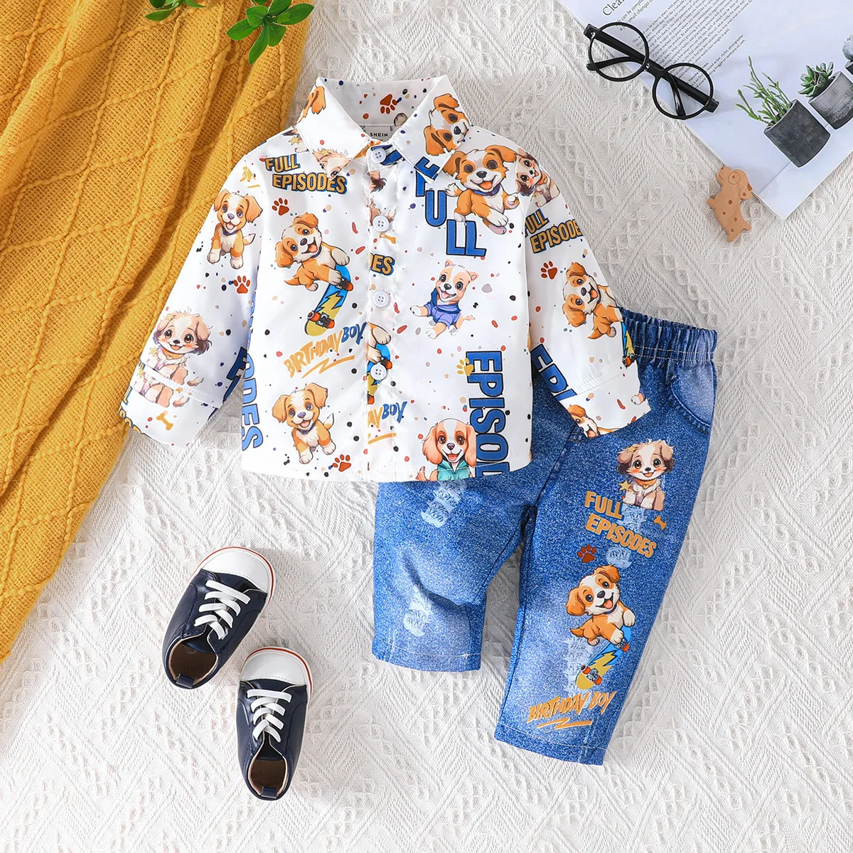 Conjuntos de ropa para recién nacidos, camisa de manga larga con solapa de perro de dibujos animados, Tops y pantalones vaqueros, ropa informal para niños pequeños