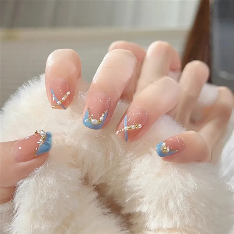 New Nail Enhancement Minimalist ins Light Blue Korean Pearl Women Wearing Nail Patch Finished Patch Nail Patch