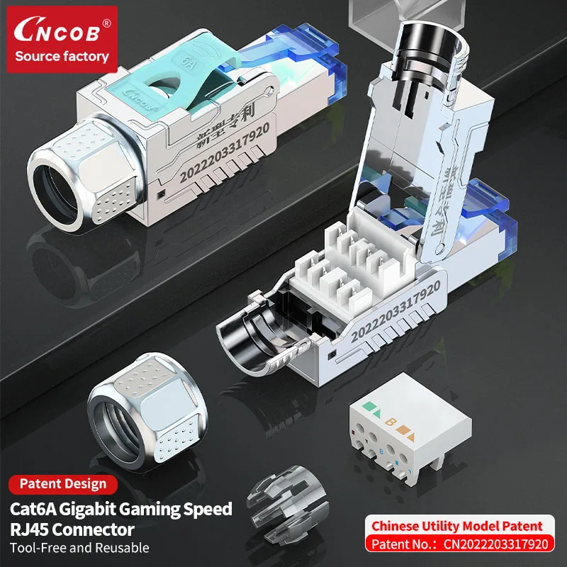 Cncob RJ45 connector Tool-free，Tool-less crimping CAT6A CAT6 CAT7 CAT8 Reusable Termination Shielded  Modular PLug Plugs