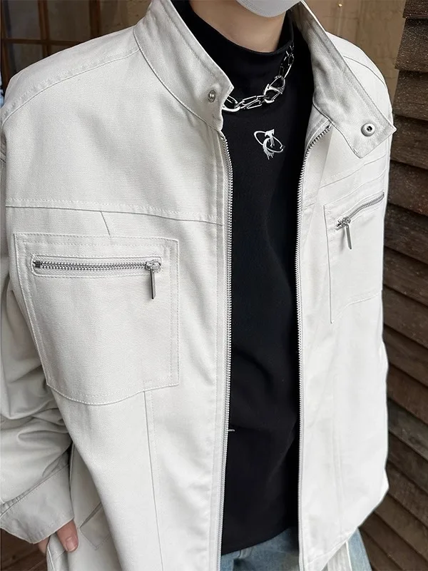

Весенне-осенняя мужская повседневная куртка с воротником-стойкой, свободная посадка на молнии, украшенная американской уличной рабочей одеждой, полиэстер, оксфор...