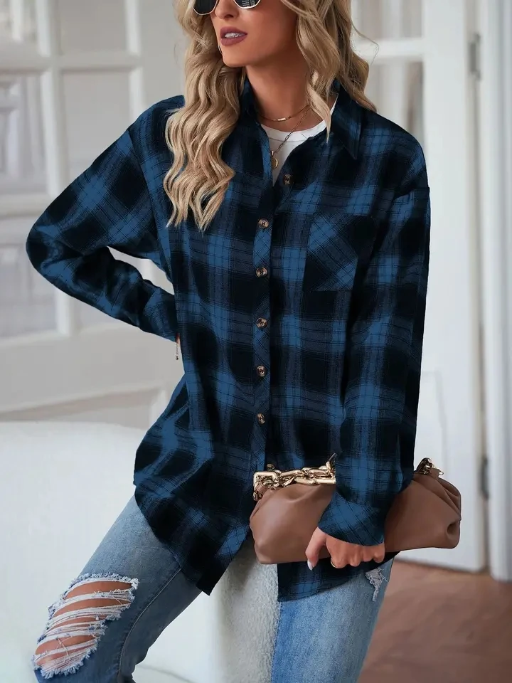 

Plaid Print Women's Long Sleeve Spring And Summer Versatile Casual Loose Shirt New Fashion Daily Outdoor Resort Style Shirt Top