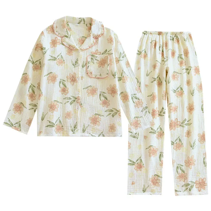 Pure Cotton Fresh Flowers Cardigan Long-sleeved Trousers Pajamas Women's Pajama Spring Summer Home Clothes Nightie Sleepwear