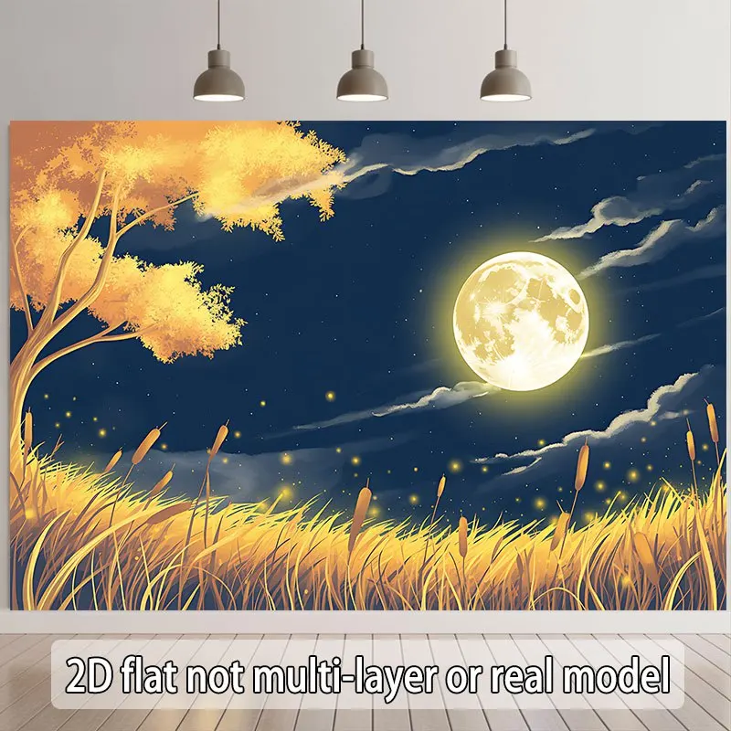 Mystical Moonlight Night Sky Wall Tapestry Golden Field Boho Decor Celestial Farmhouse Aesthetic Art Print for Living Room Home