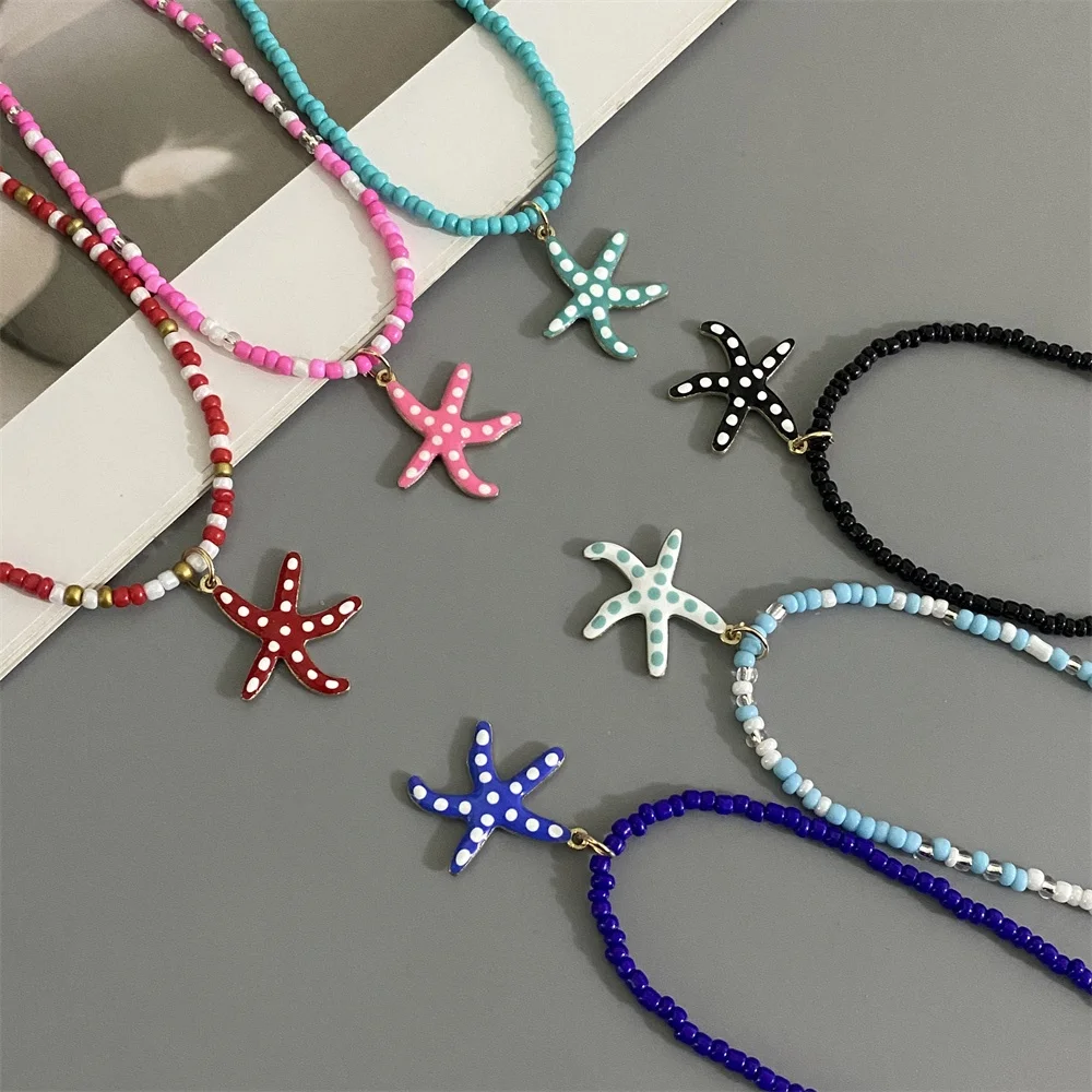 New Starfish Pendant Seed Beads Choker Necklace Spring Summer Bohemian Beach Holiday Neck Jewelry Gift for Friend Necklace