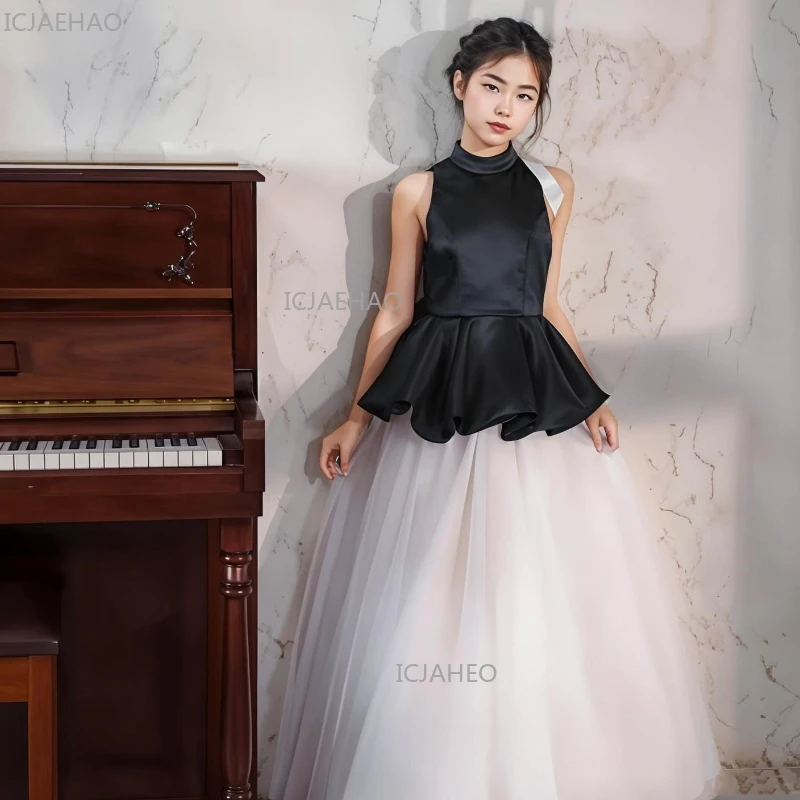 New Children Girls Evening Dress Black Elegant Stage Show Outfit Kids Formal Party Pageant Gown Princess Birthday Performance